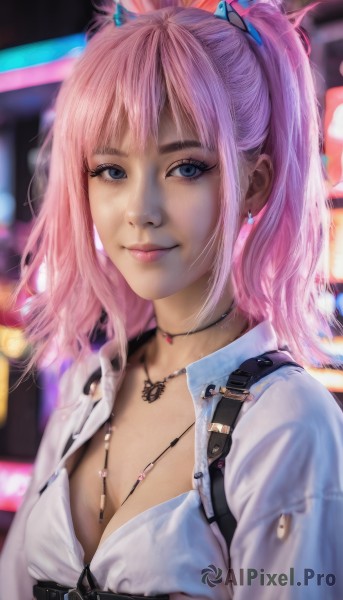 1girl,solo,long hair,breasts,looking at viewer,smile,bangs,blue eyes,shirt,hair ornament,cleavage,twintails,jewelry,medium breasts,closed mouth,white shirt,upper body,ponytail,pink hair,earrings,small breasts,open clothes,choker,collared shirt,medium hair,necklace,blurry,lips,eyelashes,makeup,depth of field,blurry background,realistic,nose,swimsuit,sidelocks,bikini,artist name,open shirt,freckles,unbuttoned,strap,unbuttoned shirt