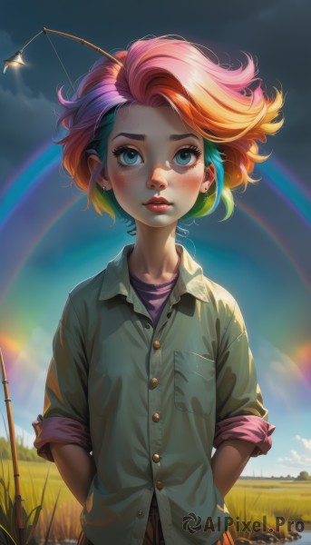 1girl,solo,looking at viewer,blush,short hair,blue eyes,skirt,shirt,jewelry,standing,upper body,pink hair,multicolored hair,earrings,outdoors,parted lips,green hair,sky,day,striped,collared shirt,artist name,cloud,orange hair,flat chest,two-tone hair,blue sky,lips,eyelashes,makeup,buttons,watermark,looking away,arms behind back,piercing,cloudy sky,grass,looking up,lipstick,wind,messy hair,ear piercing,web address,sleeves rolled up,freckles,pocket,brown skirt,realistic,nose,green shirt,antennae,unbuttoned,red lips,stud earrings,breast pocket,rainbow,deviantart username,rainbow hair,bangs,closed mouth,blue hair,plaid,dress shirt,gradient hair,sunlight,wing collar,pink shirt,sunset,lamppost