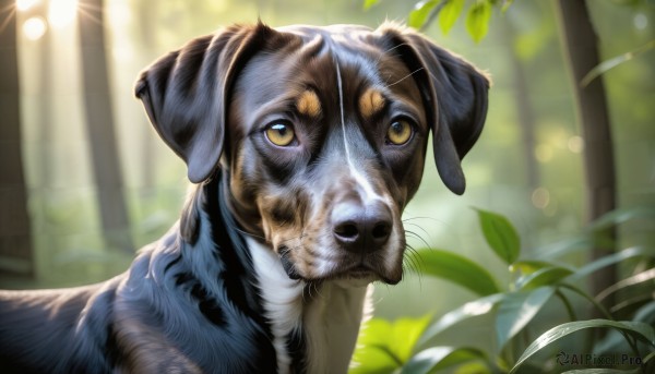 HQ,solo,looking at viewer,closed mouth,yellow eyes,outdoors,signature,blurry,no humans,depth of field,blurry background,animal,leaf,sunlight,cat,plant,portrait,dog,realistic,animal focus,whiskers,brown eyes,day,tree,nature,lens flare,forest