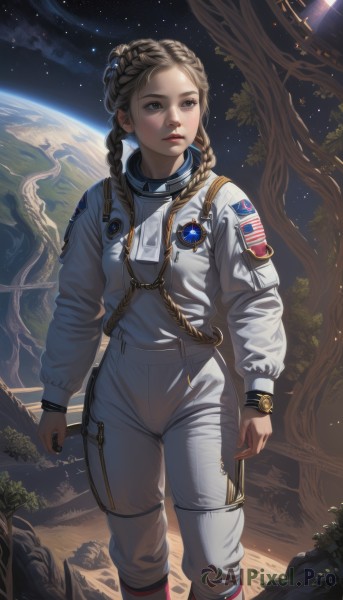 1girl,solo,long hair,blue eyes,blonde hair,brown hair,long sleeves,twintails,brown eyes,closed mouth,standing,braid,outdoors,sky,star (symbol),twin braids,tree,lips,looking to the side,feet out of frame,looking away,moon,star (sky),realistic,nose,space,planet,earth (planet),american flag,medal,spacesuit,astronaut,breasts,parted lips,uniform,bodysuit,night,forehead,starry sky,backlighting,freckles,arms at sides,looking afar