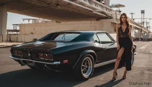 1girl,solo,long hair,breasts,large breasts,brown hair,dress,holding,cleavage,jewelry,medium breasts,standing,outdoors,dark skin,black footwear,black dress,high heels,dark-skinned female,looking to the side,ground vehicle,motor vehicle,side slit,realistic,car,road,vehicle focus,photo background,plunging neckline,sports car,real world location,black hair,brown eyes,makeup,shadow,lipstick