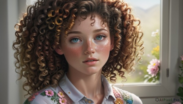 1girl,solo,long hair,looking at viewer,blush,blue eyes,brown hair,shirt,white shirt,flower,parted lips,collared shirt,indoors,dark skin,blurry,dark-skinned female,lips,eyelashes,window,depth of field,blurry background,wavy hair,floral print,messy hair,portrait,freckles,curly hair,realistic,nose,hair ornament,teeth,watermark,pink flower