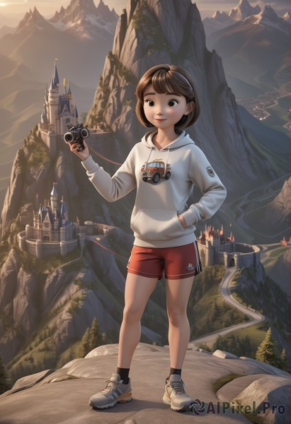 1girl,solo,looking at viewer,smile,short hair,bangs,brown hair,long sleeves,holding,brown eyes,standing,full body,hairband,outdoors,parted lips,sky,shoes,shorts,socks,hood,black eyes,short shorts,hoodie,white footwear,hood down,black socks,building,sneakers,scenery,hand in pocket,mountain,camera,drawstring,red shorts,white hoodie,castle,mountainous horizon,holding camera,landscape