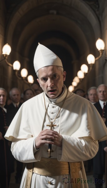 looking at viewer,open mouth,long sleeves,1boy,hat,holding,jewelry,standing,male focus,multiple boys,teeth,solo focus,indoors,necklace,blurry,black eyes,blurry background,white headwear,ring,own hands together,cross,6+boys,robe,bald,cross necklace,old,old man,crowd,latin cross,white robe,praying,church,priest,mitre,solo,short hair,blue eyes,parted lips,lips,capelet,formal,suit,realistic,white capelet