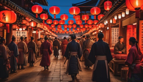 black hair,standing,weapon,male focus,outdoors,japanese clothes,multiple boys,sky,sword,kimono,from behind,night,katana,sheath,hakama,night sky,scenery,hakama skirt,walking,6+boys,sheathed,lantern,facing away,haori,architecture,east asian architecture,paper lantern,festival,pavement,food stand,skirt,ponytail,food,day,building,box,road,crowd,summer festival