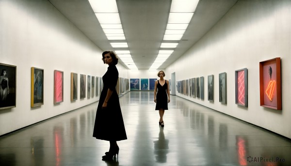 HQ,1girl,short hair,multiple girls,brown hair,dress,2girls,standing,sleeveless,indoors,dark skin,black footwear,black dress,high heels,dark-skinned female,window,sleeveless dress,shadow,reflection,walking,door,hallway,reflective floor,different reflection,black hair