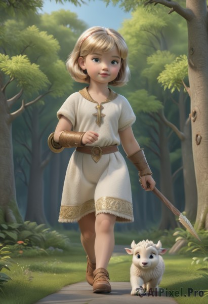 1girl,solo,looking at viewer,short hair,blue eyes,blonde hair,dress,holding,standing,full body,weapon,short sleeves,hairband,boots,outdoors,day,belt,holding weapon,white dress,black eyes,tree,lips,animal,brown footwear,grass,cross,polearm,child,nature,forest,walking,spear,running,dog,realistic,nose,fantasy,female child,road,bracer,holding polearm,path,goat,smile,brown eyes,flower,parted lips,shoes,artist name,nail polish,aged down,red nails,arm guards