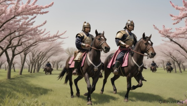 hat,holding,weapon,male focus,outdoors,multiple boys,day,sword,armor,tree,animal,helmet,grass,cherry blossoms,6+boys,riding,japanese armor,multiple others,horse,ambiguous gender,horseback riding,reins,saddle,smile,standing,boots,japanese clothes,sky,signature,holding weapon,uniform,blue sky,military,military uniform,facial hair,sheath,scenery,walking,running,sheathed,5boys,field,soldier,hill,samurai,kusazuri,kabuto (helmet)