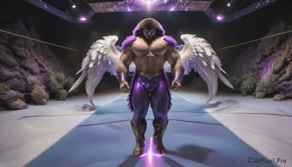 solo,looking at viewer,brown hair,1boy,navel,nipples,standing,full body,male focus,thighs,boots,wings,pants,dark skin,hood,mask,muscular,glowing,thick thighs,abs,sandals,dark-skinned male,feathers,pectorals,muscular male,bara,glowing eyes,feathered wings,skin tight,clenched hands,hood up,large pectorals,topless male,angel wings,rock,mature male,white wings,arms at sides,bracer,tight,leggings,biceps,purple pants,short hair,facial hair,helmet,beard,bulge,bare pectorals,chest hair,spotlight