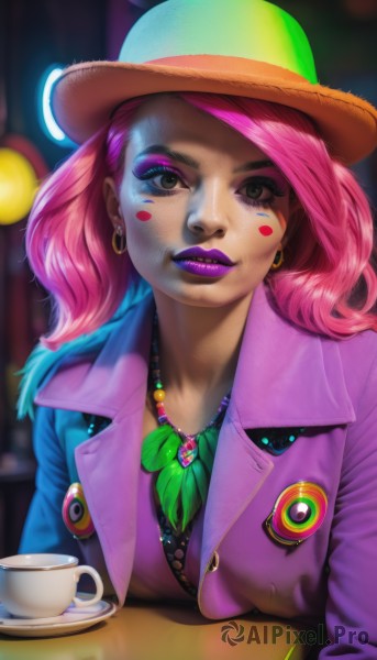 1girl,solo,long hair,breasts,looking at viewer,smile,hat,jewelry,jacket,upper body,pink hair,multicolored hair,earrings,open clothes,artist name,medium hair,necklace,blurry,black eyes,two-tone hair,open jacket,cup,lips,eyelashes,makeup,buttons,blurry background,watermark,facial mark,blush stickers,table,lipstick,eyeshadow,freckles,teacup,hoop earrings,nose,eyeliner,facepaint,purple jacket,badge,dirty,saucer,coffee,purple lips,mascara,button badge,lipstick mark,pov across table,bow,green eyes,bowtie,realistic,bowler hat