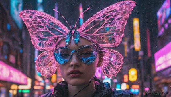 1girl, solo, looking at viewer, outdoors, parted lips, blurry, lips, night, depth of field, blurry background, sunglasses, portrait, rain, city, realistic, nose, city lights, cyberpunk, neon lights