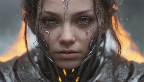 1girl,solo,long hair,looking at viewer,brown hair,brown eyes,closed mouth,armor,blurry,lips,grey eyes,eyelashes,blurry background,portrait,close-up,realistic,nose,straight-on,black hair,depth of field,expressionless,freckles,science fiction