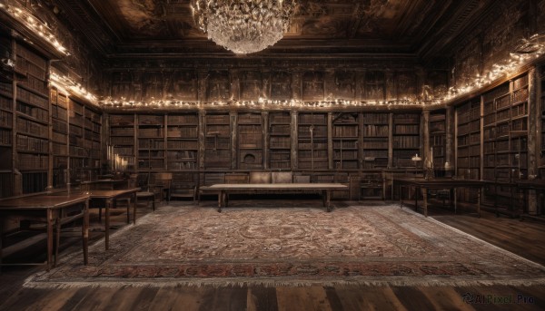 indoors,book,no humans,chair,table,scenery,wooden floor,stairs,bookshelf,light,library,ceiling,carpet,ceiling light,rug,chandelier,fireplace,wooden chair