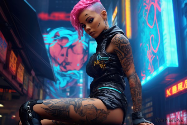 1girl,solo,breasts,looking at viewer,short hair,gloves,bare shoulders,brown eyes,jewelry,medium breasts,sitting,closed mouth,pink hair,thighs,earrings,outdoors,shorts,sleeveless,dark skin,hood,fingerless gloves,blurry,vest,from side,dark-skinned female,lips,short shorts,tattoo,makeup,night,blurry background,black shorts,piercing,hood down,lipstick,eyeshadow,asymmetrical hair,city,nose,stud earrings,eyeliner,arm tattoo,knee pads,undercut,facial tattoo,leg tattoo,mascara,mohawk,cyberpunk,graffiti,nose piercing,neon lights,black gloves,pink eyes,ear piercing,very short hair,sleeveless hoodie