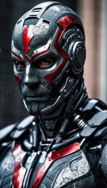 solo,looking at viewer,1boy,brown eyes,upper body,male focus,armor,blurry,bodysuit,blood,mask,blurry background,helmet,portrait,science fiction,realistic,power armor,shiny,signature,black eyes,depth of field,close-up