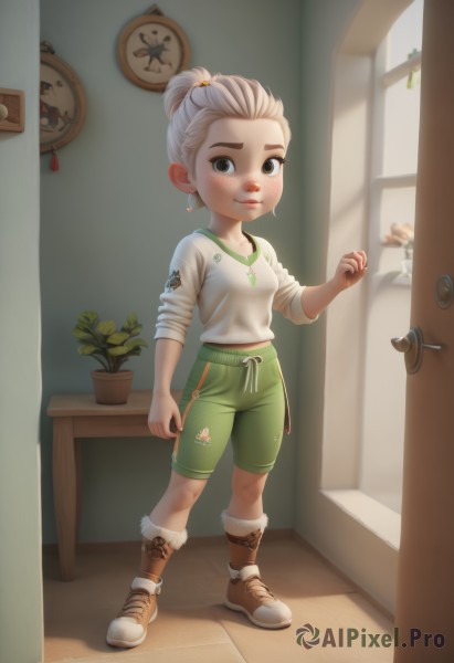 1girl,solo,looking at viewer,blush,smile,short hair,shirt,brown eyes,jewelry,closed mouth,standing,collarbone,full body,white shirt,white hair,earrings,boots,shorts,artist name,indoors,black eyes,brown footwear,table,plant,child,freckles,door,female child,potted plant,male child,midriff peek,green shorts,doorway,breasts,ponytail,flower,shoes,necklace,window,realistic,clock