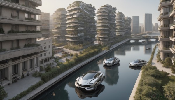 outdoors,sky,day,water,tree,no humans,grass,ground vehicle,building,scenery,motor vehicle,reflection,city,car,road,ruins,bridge,vehicle focus,river,skyscraper,overgrown,bush,cityscape,street,truck