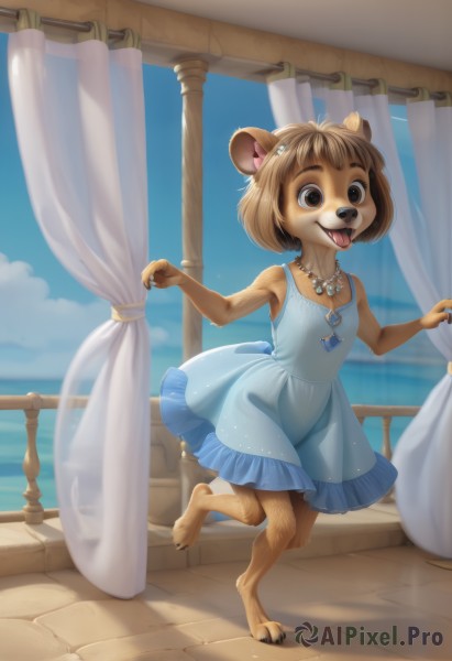 1girl,solo,breasts,looking at viewer,smile,short hair,open mouth,bangs,brown hair,hair ornament,dress,animal ears,bare shoulders,brown eyes,jewelry,standing,collarbone,tail,full body,flower,small breasts,outdoors,frills,sky,barefoot,teeth,sleeveless,day,tongue,hairclip,shiny,artist name,cloud,indoors,signature,hair flower,tongue out,armpits,water,necklace,blurry,black eyes,flat chest,blue sky,see-through,hands up,window,sleeveless dress,blurry background,blue dress,ocean,fangs,watermark,beach,short dress,leg up,happy,bob cut,standing on one leg,frilled dress,curtains,child,claws,furry,pendant,backlighting,furry female,railing,horizon,female child,spaghetti strap,body fur,bear ears,animal nose,snout,brown fur,two-tone fur,animal feet,web address,pink flower,freckles,borrowed character,heart necklace