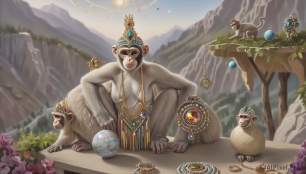 1girl,breasts,large breasts,jewelry,sitting,flower,outdoors,food,sky,necklace,tree,no humans,fruit,animal,table,crown,plant,gem,furry,mountain,sun,planet,mouse,orb,bear,monkey,solo,cloud,bird,squatting,scenery