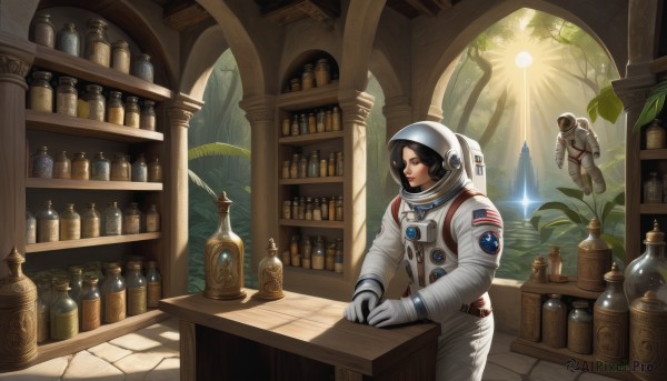 1girl,short hair,black hair,gloves,1boy,closed eyes,indoors,white gloves,tree,window,leaf,sunlight,helmet,bottle,plant,nature,floating,science fiction,light rays,realistic,shelf,jar,american flag,spacesuit,counter,space helmet,astronaut,solo,brown hair,brown eyes,solo focus,lips,book,makeup,lipstick,scenery,nose,bookshelf,planet,hourglass