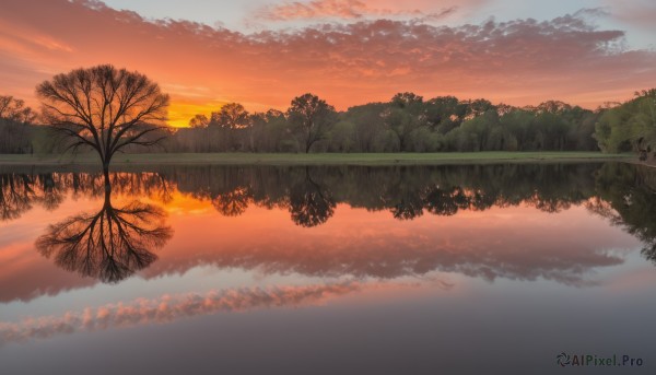 outdoors,sky,cloud,water,tree,no humans,cloudy sky,nature,scenery,forest,reflection,sunset,sun,river,evening,landscape,lake,gradient sky,orange sky,red sky,grass,horizon,bare tree