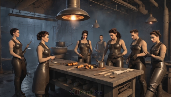 long hair,breasts,smile,short hair,multiple girls,brown hair,black hair,gloves,hat,bare shoulders,medium breasts,weapon,braid,boots,food,multiple boys,sleeveless,black gloves,pants,indoors,fingerless gloves,hair bun,apron,bodysuit,facial hair,6+girls,table,single hair bun,5girls,knife,hands on hips,open mouth,holding,standing,ponytail,belt,sword,hand on hip,makeup,fruit,tank top,lipstick,science fiction,realistic,carrot,leather,bread,cooking,kitchen,stove,crate,potato,cutting board,onion