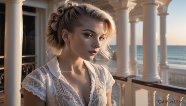 1girl,solo,breasts,looking at viewer,blonde hair,shirt,dress,cleavage,jewelry,medium breasts,closed mouth,collarbone,upper body,short sleeves,earrings,outdoors,sky,day,water,white dress,blurry,lips,grey eyes,makeup,depth of field,blurry background,ocean,sunlight,lipstick,backlighting,realistic,nose,railing,red lips,pillar,smile,blue eyes,lace