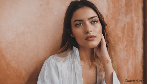 1girl,solo,long hair,looking at viewer,brown hair,shirt,black hair,brown eyes,jewelry,closed mouth,white shirt,upper body,open clothes,necklace,lips,open shirt,hand on own face,head rest,realistic,nose,earrings,parted lips,portrait