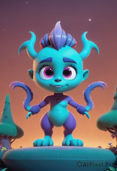 1girl,solo,looking at viewer,smile,navel,closed mouth,blue hair,standing,purple eyes,tail,full body,outdoors,horns,sky,pointy ears,artist name,tree,gradient,gradient background,no humans,colored skin,thick eyebrows,grass,star (sky),starry sky,sunset,blue skin,orange background,fewer digits,long hair,short hair,animal ears,multicolored hair,small breasts,parted lips,teeth,shiny,signature,pink eyes,flat chest,two-tone hair,aqua hair,:3,night,watermark,happy,aged down,child,web address,claws,furry,backlighting,furry female,body fur,mushroom,animal nose,topknot,two-tone fur,gradient sky,orange sky,mohawk,blue fur,blue horns