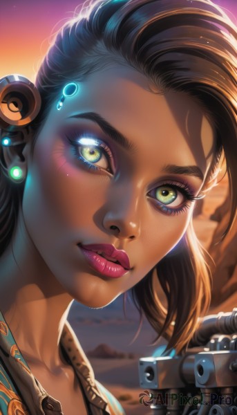 1girl,solo,looking at viewer,short hair,brown hair,black hair,hair ornament,jewelry,closed mouth,green eyes,collarbone,weapon,earrings,outdoors,sky,artist name,signature,dark skin,mole,dark-skinned female,lips,head tilt,gun,eyelashes,mole under eye,makeup,lipstick,portrait,close-up,eyeshadow,backlighting,freckles,science fiction,sunset,asymmetrical hair,realistic,nose,red lips,stud earrings,eyeliner,cyborg,mascara,long hair,parted lips,blurry,glowing,watermark,glowing eyes,web address,mechanical arms,single mechanical arm,cyberpunk