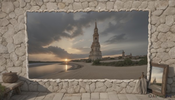 outdoors,sky,cloud,water,tree,no humans,window,ocean,table,cloudy sky,building,scenery,sunset,horizon,road,wall,house,castle,tower,solo,1boy,hat,sunlight,fantasy,door,sun,candle,stone wall,lighthouse