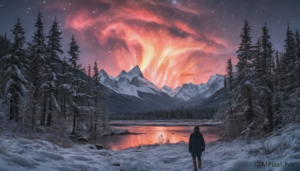 solo,black hair,1boy,standing,jacket,male focus,outdoors,sky,pants,cloud,hood,water,from behind,tree,coat,night,fire,star (sky),nature,night sky,scenery,snow,forest,starry sky,reflection,walking,rock,snowing,mountain,facing away,wide shot,winter,lake,pine tree,aurora,1girl,short hair,boots,bag,1other,ice,winter clothes,bare tree,landscape,ambiguous gender