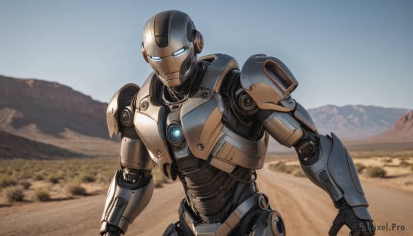 solo,looking at viewer,blue eyes,1boy,upper body,male focus,outdoors,day,blurry,no humans,blurry background,glowing,robot,mecha,glowing eyes,science fiction,mountain,mountainous horizon,desert,humanoid robot,sky,realistic,looking ahead