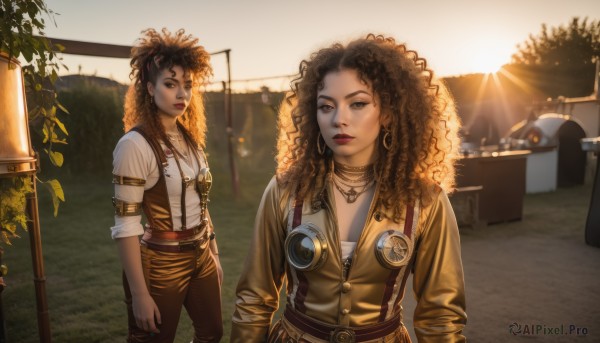 1girl,long hair,breasts,looking at viewer,brown hair,black hair,brown eyes,jewelry,earrings,outdoors,belt,dark skin,necklace,dark-skinned female,tree,lips,multiple views,suspenders,plant,ground vehicle,messy hair,motor vehicle,curly hair,hoop earrings,realistic,nose,car,overalls,big hair,very dark skin,goggles around neck,afro,shirt,standing,white shirt,pants,makeup,sunlight,lipstick,sleeves rolled up,sunset,sun,jumpsuit