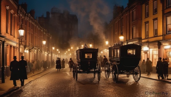 hat,outdoors,multiple boys,sky,coat,night,ground vehicle,building,scenery,motor vehicle,smoke,6+boys,city,road,lamppost,street,bicycle,crowd,train,people,1girl,window,night sky,silhouette,pavement,wheelchair