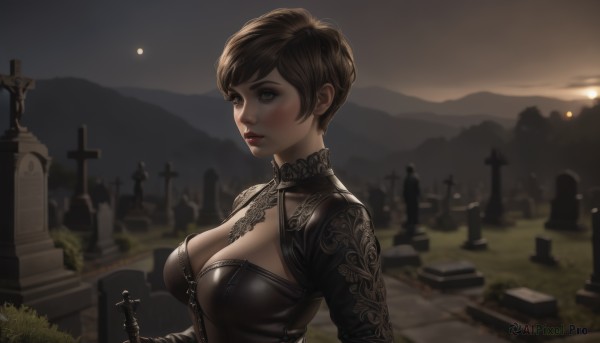 1girl,solo,breasts,short hair,large breasts,brown hair,dress,cleavage,brown eyes,jewelry,medium breasts,upper body,weapon,earrings,outdoors,sky,sword,blurry,black dress,lips,clothing cutout,eyelashes,makeup,moon,cleavage cutout,cross,lipstick,mountain,red lips,castle,tombstone,graveyard,looking at viewer,gloves,holding,night,lace,dark