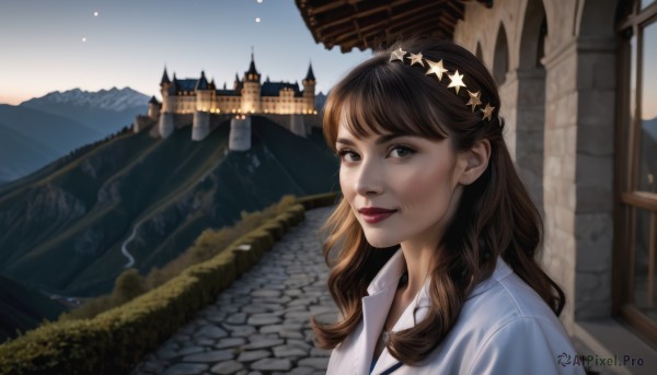 1girl,solo,long hair,looking at viewer,smile,bangs,brown hair,shirt,hair ornament,brown eyes,white shirt,upper body,hairband,outdoors,sky,collared shirt,star (symbol),black eyes,lips,building,scenery,star hair ornament,mountain,realistic,red lips,town,closed mouth,day,night,sunlight,nose,castle