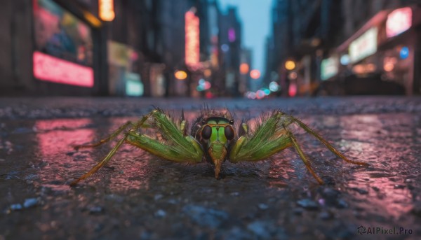 solo, outdoors, blurry, no humans, night, depth of field, blurry background, bug, city, road