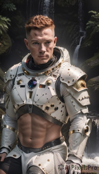 solo,looking at viewer,short hair,blue eyes,blonde hair,brown hair,1boy,navel,sitting,closed mouth,male focus,shorts,midriff,water,stomach,armor,blurry,muscular,blurry background,scar,abs,muscular male,shoulder armor,gauntlets,freckles,toned,pauldrons,breastplate,realistic,very short hair,dirty,navel hair,waterfall,dirty face,chainmail,smile,gloves,pubic hair,bara,undercut,helmet removed,spacesuit