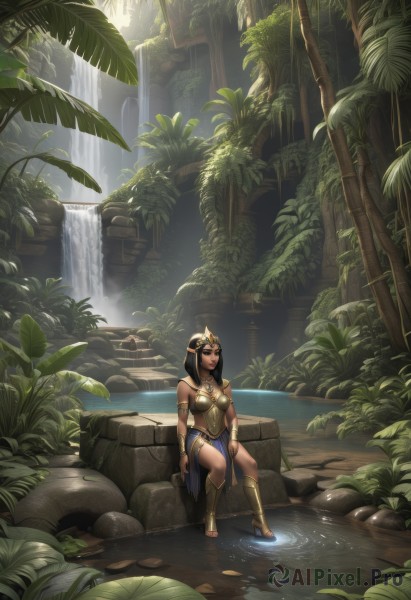 1girl,solo,long hair,breasts,brown hair,black hair,bare shoulders,jewelry,medium breasts,sitting,boots,outdoors,dark skin,water,necklace,armor,bracelet,dark-skinned female,tree,lips,leaf,knee boots,plant,nature,scenery,armlet,forest,rock,bracer,soaking feet,waterfall,egyptian,moss,hair ornament,barefoot,pointy ears,sandals,tiara,elf,realistic,fantasy,river