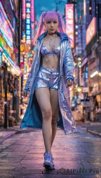 1girl,solo,long hair,breasts,looking at viewer,bangs,blue eyes,long sleeves,navel,cleavage,twintails,jewelry,medium breasts,closed mouth,underwear,standing,collarbone,jacket,swimsuit,full body,pink hair,bikini,outdoors,open clothes,shoes,shorts,choker,midriff,belt,necklace,nail polish,bra,blurry,lips,coat,short shorts,night,blurry background,sneakers,bikini top only,walking,blue shorts,open coat,city,realistic,road,street,blue coat,earrings,open jacket,fingernails,bare legs,piercing,white footwear,building,rain,denim shorts,pavement