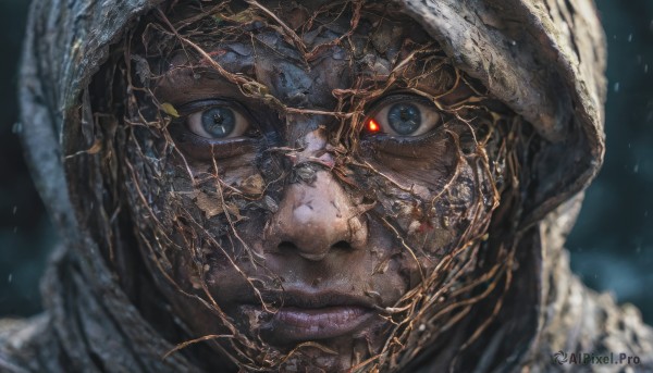 1girl,solo,looking at viewer,blue eyes,red eyes,1boy,closed mouth,male focus,parted lips,hood,blurry,lips,depth of field,blurry background,portrait,close-up,hood up,reflection,realistic,glass,crack,broken glass,eye focus,shards,cracked skin