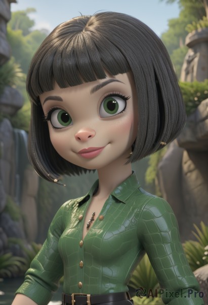 1girl,solo,breasts,looking at viewer,blush,smile,short hair,bangs,skirt,shirt,black hair,long sleeves,jewelry,closed mouth,green eyes,collarbone,upper body,small breasts,outdoors,sky,day,shiny,collared shirt,belt,artist name,signature,blunt bangs,water,necklace,blurry,tree,blue sky,lips,eyelashes,dress shirt,makeup,buttons,depth of field,blurry background,bob cut,thick eyebrows,grass,wing collar,nature,buckle,sleeves rolled up,freckles,black belt,rock,belt buckle,nose,green shirt,partially unbuttoned,waterfall,green belt,cleavage,plaid,watermark,web address,plaid shirt