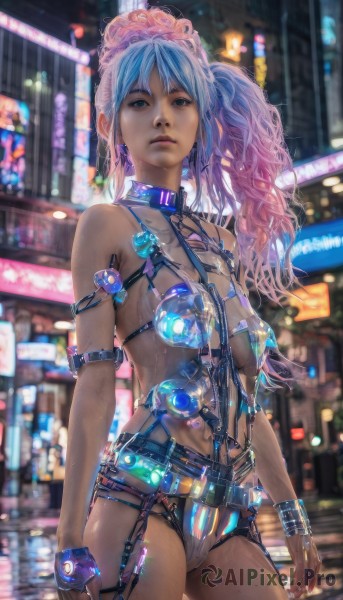 1girl,solo,long hair,breasts,looking at viewer,gloves,navel,bare shoulders,jewelry,medium breasts,blue hair,standing,ponytail,pink hair,multicolored hair,cowboy shot,earrings,outdoors,belt,dark skin,nail polish,blurry,side ponytail,collar,bracelet,two-tone hair,dark-skinned female,lips,gradient hair,blurry background,ring,revealing clothes,science fiction,realistic,cyberpunk,bondage outfit,bangs,blue eyes,swimsuit,white hair,bikini,small breasts,shiny,signature,fingerless gloves,mole,fingernails,wet,shiny skin,night,watermark,piercing,building,single glove,blue nails,freckles,city,leather,harness,city lights,neon lights