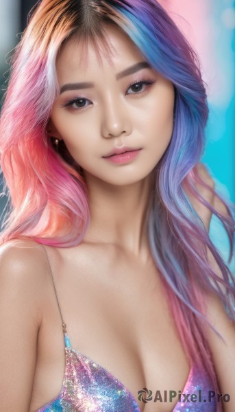 1girl,solo,long hair,breasts,looking at viewer,smile,brown hair,black hair,cleavage,bare shoulders,jewelry,medium breasts,closed mouth,blue hair,collarbone,swimsuit,upper body,pink hair,bikini,multicolored hair,earrings,artist name,blurry,black eyes,two-tone hair,lips,eyelashes,gradient hair,makeup,blurry background,watermark,eyeshadow,hand in own hair,realistic,nose,mascara,brown eyes,bra,web address