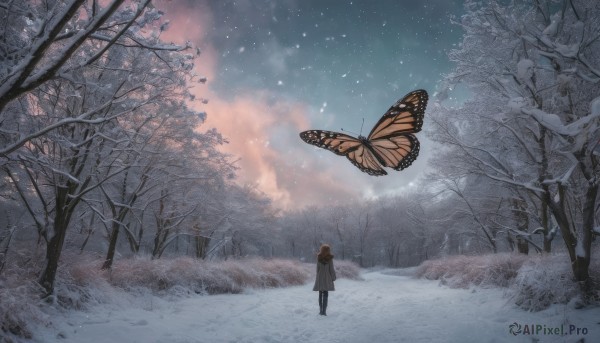 1girl, solo, brown hair, standing, outdoors, sky, from behind, scarf, tree, coat, dutch angle, bug, butterfly, star (sky), nature, scenery, snow, forest, snowing, winter clothes, wide shot, winter, bare tree