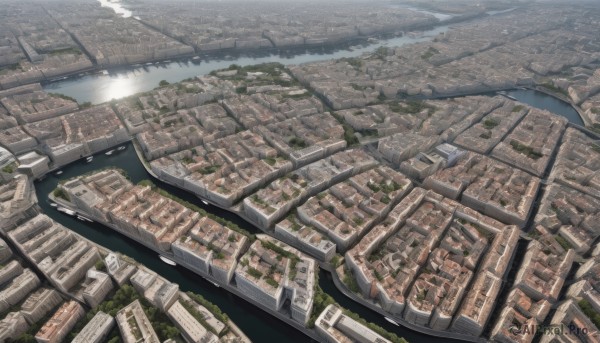 outdoors,water,tree,no humans,from above,building,scenery,city,cityscape,bridge,river,landscape,sky,cloud,dutch angle,sunlight,skyscraper