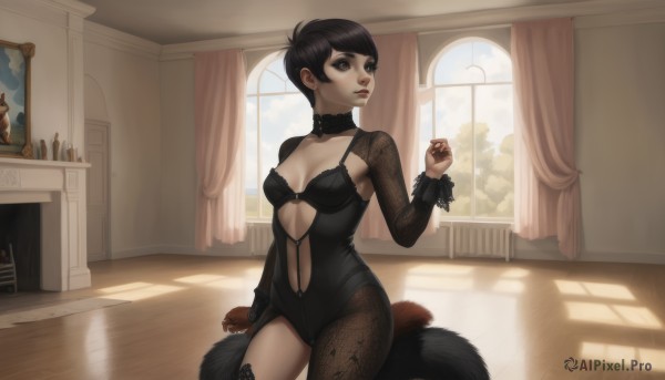 1girl,solo,breasts,short hair,black hair,thighhighs,long sleeves,navel,cleavage,brown eyes,medium breasts,sitting,pantyhose,small breasts,choker,day,indoors,nail polish,black eyes,leotard,lips,clothing cutout,window,makeup,shadow,looking away,sunlight,bottle,curtains,single thighhigh,fishnets,black nails,black leotard,asymmetrical legwear,wooden floor,mirror,center opening,uneven legwear,navel cutout,asymmetrical clothes,painting (object),single leg pantyhose,bangs,jewelry,standing,collarbone,tail,cowboy shot,earrings,sky,see-through,swept bangs,lipstick,lace trim,lace,contrapposto,nose,very short hair