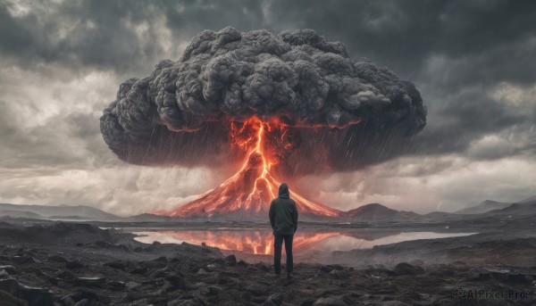 solo, 1boy, standing, outdoors, sky, cloud, bag, from behind, glowing, backpack, cloudy sky, scenery, rain, mountain