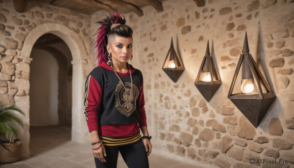 1girl,solo,looking at viewer,black hair,brown eyes,jewelry,standing,ponytail,red hair,multicolored hair,cowboy shot,earrings,pants,hood,necklace,bracelet,two-tone hair,lips,hoodie,makeup,black pants,ring,hood down,plant,hoop earrings,realistic,nose,lamp,long hair,brown hair,casual,sleeves pushed up